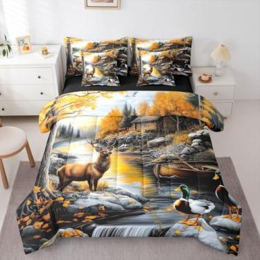 Imagem de Erosebridal Conjunto de cama Queen Deer com 7 peças, rio, pôr do sol, pássaros, folhas de bordo, patos selvagens, cinza, para adolescentes, homens e mulheres