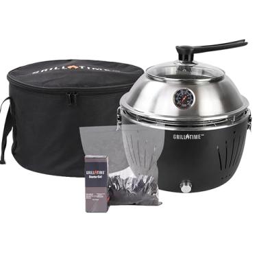 Imagem de Combo de capô GrillTime Tailgater GT 33 cm - Churrasqueira a carvão portátil com capuz, churrasqueira de mesa pequena para festas traseiras, acampamento, churrasco na praia, cinza