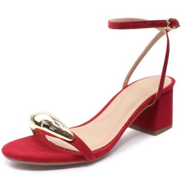 Imagem de Sandália Re&Ton Salto Grosso Baixo Enfeite Dourado Feminina BL51 (Vermelho, BR, Adulto, Numérico, 40)