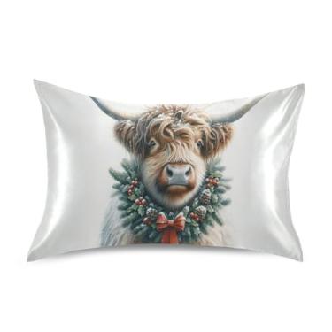 Imagem de JUZIHAI Fronha de cetim de vaca com guirlanda de Natal para cabelo e pele, capa de almofada macia e respirável com fecho de envelope, capa de travesseiro suave e refrescante, tamanho padrão 50 x 66 cm