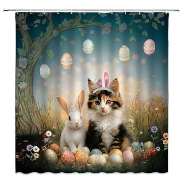 Imagem de WUASDCS Cortina de chuveiro Happy Easter Cute Bunny and Cat Rabbit Colorful Eggs Floral Watercolor Spring Garden Scenery Bathroom Decor Polyester Fabric Curtains with Hook 70Wx70H Inch