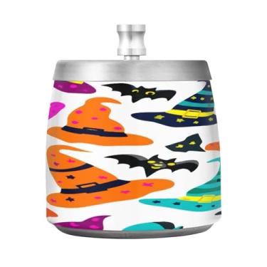 Imagem de Qilmy Cinzeiro de aço inoxidável de Halloween com tampa - Cinzeiro de cigarro à prova de vento sem cheiro sem fumaça para casa, escritório, carro, pátio, varanda (uso interno e externo)