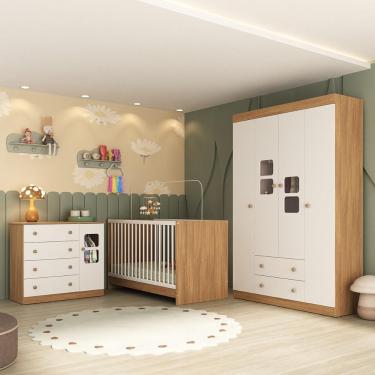 Imagem de Quarto De Bebê Completo Com Berço 3 Em 1 Para Colchão 130x60cm Brisa Multimóveis Mp4517 Madeirado/branco