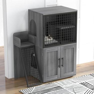 Imagem de GAOMON Caixa de areia para gatos com escada e plataforma, móveis de caixa de areia oculta de camada dupla, casa de campo de banheiro interno para gatos, design MDF resistente, 85 x 45 x 106 cm