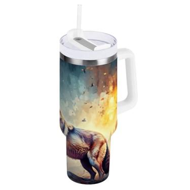 Imagem de ODAWA Copo grande à prova de vazamento, copo de aço inoxidável isolado escuro lobo com canudo e alça