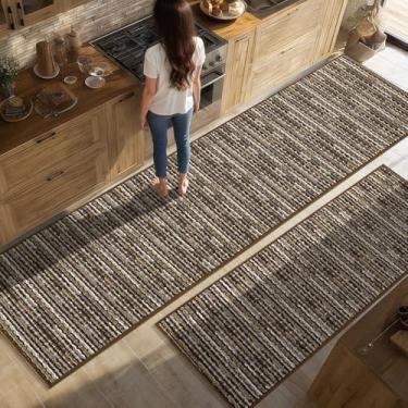 Imagem de Conjuntos de 2 tapetes de cozinha antiderrapantes para piso grosso resistente a manchas vintage tapete de cozinha tapete de corredor para corredores entrada lavanderia lavável (marrom 61 x 200 cm + 51