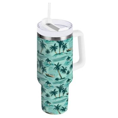 Imagem de ODAWA Copo isolado de palmeira tropical de 1,134 g com alça e tampa de palha, copos com isolamento duplo