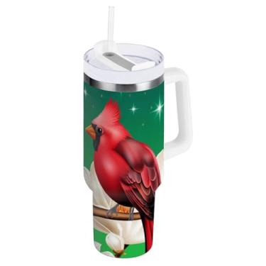 Imagem de ODAWA Copo grande à prova de derramamento com palha, pássaros vermelhos flor aço isolado copo com canudo e alça