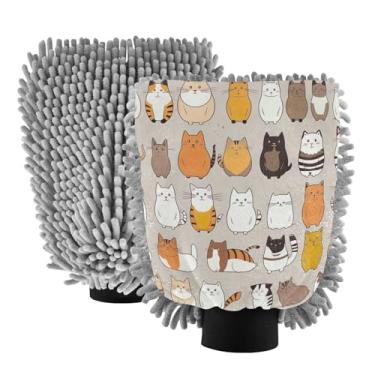 Imagem de ODAWA Luva de limpeza de carro chenille, luva de lavagem absorvente bege com desenho de gatos para SUVs e trailers, pacote com 20,5 x 30 cm