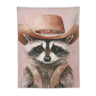 Imagem de Guaxinim em chapéu de cowboy com colete tapeçaria de parede bonito decoração animal de fazenda fundo rosa arte caprichosa para sala de estar quarto rústico estilo country decoração pendurada destaque