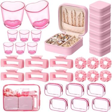 Imagem de LemonRoad Conjunto de 30 peças de lembrancinhas de festa de spa rosa, 6 caixas de joias, 6 copos de plástico, 6 sacos de cosméticos, 6 elásticos de cabelo, presentes para mulheres, dia dos namorados