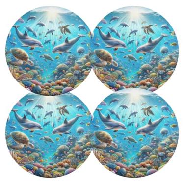 Imagem de Conjunto de 4 tapetes de mesa de cozinha azuis golfinhos subaquáticos, 38 cm, jogo americano de PVC, para mesa de jantar, mesa de cozinha