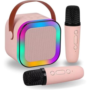 Imagem de Karaokê Infantil Portátil com 2 Microfones Recarregáveis – Modos de Voz Divertidos, Caixa de Som Bluetooth, Brinquedo Educativo para Crianças – Rosa