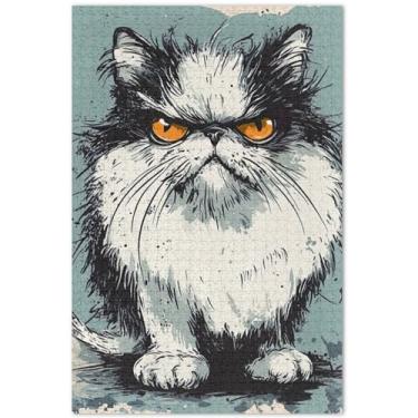Imagem de Quebra-cabeças engraçados de gato irritado adulto 500 peças presentes de jogo de quebra-cabeça engraçados quebra-cabeças coloridos personalizados brinquedo familiar obra de arte, 50 x 35 centímetros