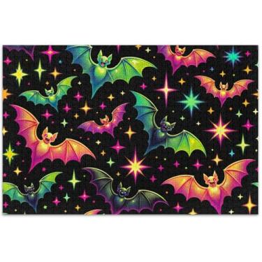 Imagem de Quebra-cabeça de Halloween neon morcegos estrelas adultos 500 peças presentes de tecnologia de jogo exclusivo quebra-cabeça arte brinquedo pintura, 20,5 x 14,9 polegadas