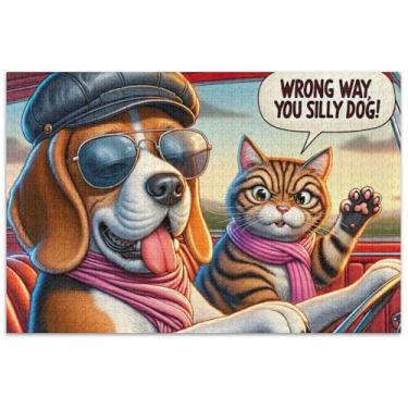 Imagem de Quebra-cabeças engraçados de cachorro dirigindo gatos adultos 1000 peças arte animal flor paisagem quebra-cabeça família elefante branco presentes