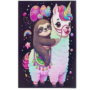 Imagem de Quebra-cabeça com desenho fofo de unicórnio, preguiça, adultos, 1000 peças, desenhos animados, arte animal, quebra-cabeças criativos, presentes para a família, elefantes brancos, 1000 peças, 75 x 50