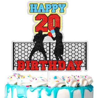 Imagem de Topo de bolo de boxe 20º tema de boxe decoração de luta feliz aniversário, festa esportiva de fitness, festa de aniversário de meninos e meninas, suprimentos de decoração de saco de pancadas de luta