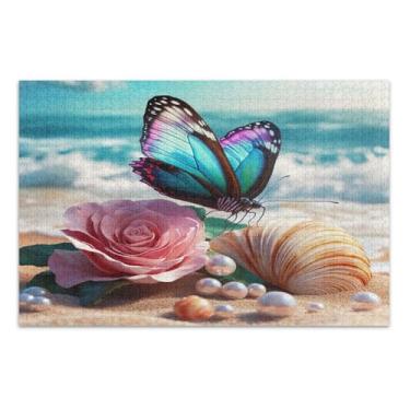 Imagem de Quebra-cabeças de praia com flores de borboleta, 500 peças, quebra-cabeças para adultos com letras na parte de trás