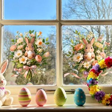 Imagem de Adesivos de janela de Páscoa com 2 folhas - Adesivos estáticos de dupla face para janela de ovo de coelho removível de vidro com desenho animado de coelho primavera decoração de festa para casa, sala