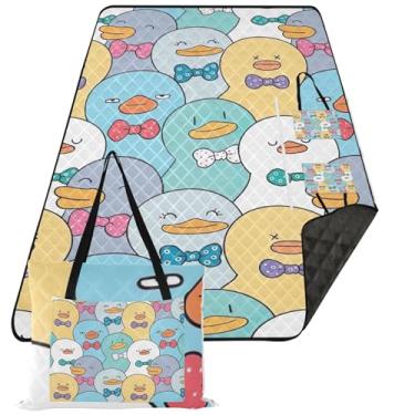 Imagem de TSENQUE Cobertor de piquenique rosa engraçado de pato de desenho animado dobrável à prova d'água cobertor de praia grande floral à prova de areia cobertor de acampamento para grama 203 x 395 cm