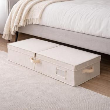 Imagem de Bolsa de armazenamento sob a cama com fecho de zíper e tampa flip-top - Recipiente de armazenamento de cobertor plano de 76 x 30 x 16,5 cm com alças - Organizador de tecido para roupas sazonais em cor
