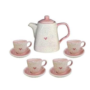 Imagem de Jogo de Chá ou Café Artesanal em Cerâmica com Bule 1,2L e 4 Xícaras 100ml com Pires – Pintado à Mão(Rosa/Love)