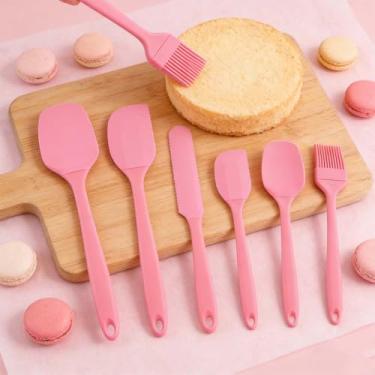 Imagem de Conjunto de 6 espátulas de borracha, raspador de tigela de silicone e colher de espátula plana para cozinha, utensílios de cozinha flexíveis resistentes ao calor (rosa)