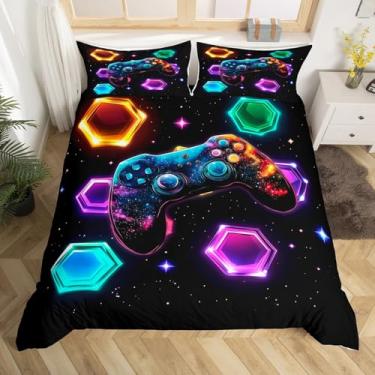 Imagem de Manfei Jogo de cama com console de jogos, galáxia, neon, tamanho Queen, geométrico, verde, roxo, azul, decoração de quarto de meninas e meninos com 2 fronhas (sem edredom)