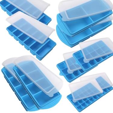 Imagem de Conjunto de moldes de silicone para freezer com 1 colher de sopa, 2 colheres de sopa, 1/2, 1 e 2 xícaras bandejas de silicone para freezer com tampas - Pacote essencial de preparação de refeições e