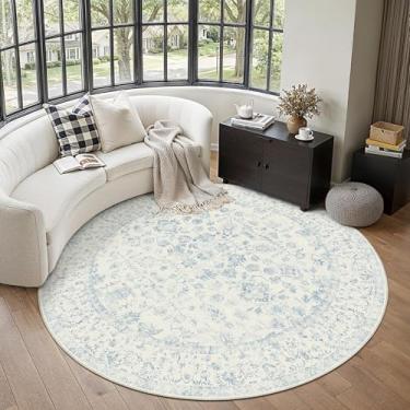 Imagem de PureCozy Tapete redondo azul de 1,8 m, tapete de porta de entrada, círculo, 15 x 15 cm, tapete vintage, antiderrapante, para uso interno, quarto, lavável, envelhecido, floral, retrô, destaque, tapete