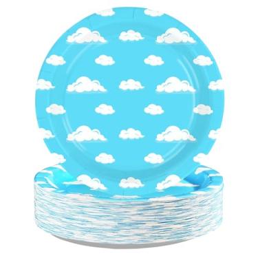 Imagem de Greencian 60 peças, céu azul, nuvens brancas, decorações de festa, 18 cm, descartáveis, desenhos animados, história, pratos de papel resistentes, tema de nuvens, pratos de sobremesa para meninos e