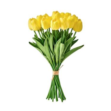 Imagem de Mikasa Flores artificiais de tulipas falsas, hastes de tulipas amarelas com vegetação, conjunto de 20 flores de seda de plástico realistas, buquê de tulipas falsas para vaso de decoração de casa