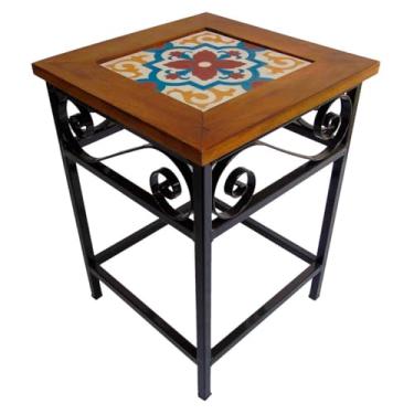 Imagem de Banco Rústico em Ferro e Madeira Maciça com Ladrilho Hidráulico – Banco Artesanal Decorativo Estilo Industrial para Cozinha, Sala e Área Gourmet (2, A1)