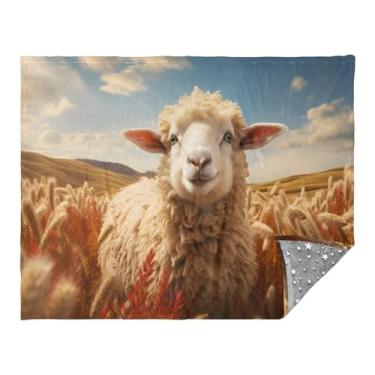 Imagem de CEBUGI Cobertor de flanela quente macio 127 x 178 cm para sofá-cama, escritório, acampamento, viagem, ovelhas no campo de trigo, uso em todas as estações