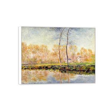 Imagem de BMZFYBS Claude Monet Famosas Impressões em tela de arte de parede prontas para pendurar - Margens do rio em Giverny - Pintura com moldura branca para decoração de sala de estar 50 x 65 cm 20 x 26 pol