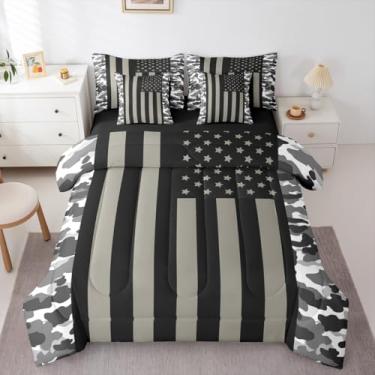 Imagem de Erosebridal Conjunto de cama camuflado, bandeira americana, 7 peças, solteiro, cinza escuro e branco, camuflagem militar em uma bolsa com lençol ou lençol para crianças, meninos e adolescentes, macio