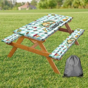 Imagem de DYNH Capa de mesa de piquenique ajustada com capas de banco, toalhas de mesa de piquenique com bordas elásticas para acampamento ao ar livre, itens essenciais para acampamento, impermeável, para