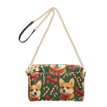 Imagem de Joitme Lindas bolsas de Natal para cães Corgi Santa para mulheres, bolsa transversal para celular, bolsa de ombro de couro PU com alça de corrente