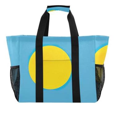 Imagem de Sacola de compras de cozinha reutilizável com desenho animado de praia bolsas utilitárias femininas embaláveis para piscina bolsa de barco cinza moderno, Bandeira do Palau, 15.4 X 9.8 X 12.8 inch