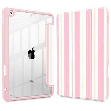 Imagem de Mektron Capa impressa para iPad de 10,2 polegadas 2021/2020/2019, para iPad 9ª/8ª/10ª geração, porta-lápis embutido com capa à prova de choque transparente + suporte de três dobras, listras rosa