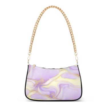 Imagem de Bolsa de ombro elegante de mármore roxo com veias douradas, alça de ombro, bolsa feminina Hobo Clutch para uso diário e noturno