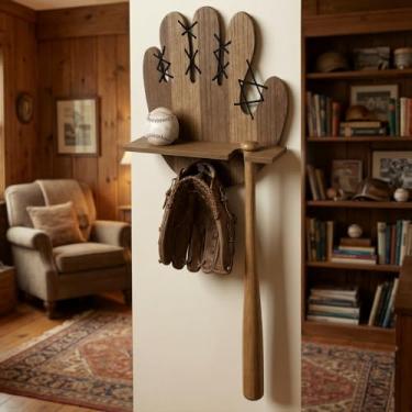 Imagem de AceOrbit Suporte de taco de beisebol de madeira e prateleira de exibição de bola de palmeira montado na parede, lembranças esportivas e colecionáveis, organizador de armazenamento flutuante rústico