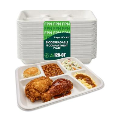 Imagem de Placas FPN com 5 compartimentos, 125 bandejas descartáveis – fibra de cana-de-açúcar, biodegradável e compostável, pratos de papel para refeições, bufê, almoço escolar, seguro para micro-ondas e