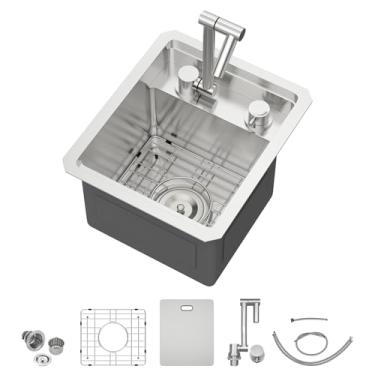 Imagem de Pia de preparação externa de aço inoxidável de 33 cm - Pia de barra de montagem inferior Beslend calibre 16 com torneira e tampa dobráveis, à prova d'água para cozinha interna/externa, estação de