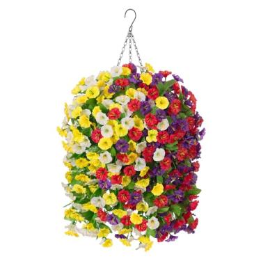 Imagem de Ammyoo Cesta de flores artificiais falsas para decoração de primavera, flor de seda sintética para o verão, floral artificial ao ar livre para varanda e quintal (amarelo, branco, roxo, vermelho)