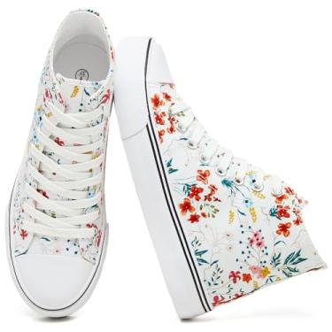 Imagem de yageyan Tênis feminino de lona de cano alto moderno com cadarço branco para mulheres, casual, clássico, Branco, 38