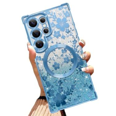 Imagem de Illians Capa magnética feita para Samsung Galaxy S24 Ultra 6,8 polegadas com glitter com design floral azul flor de cerejeira cantos reforçados TPU macio com cantos reforçados à prova de choque capa