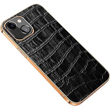 Imagem de GANYUU Capa traseira para Apple iPhone 14 Plus 6,7 polegadas, padrão de crocodilo couro moldura dourada capa à prova de choque para 14 Plus 2022 (Cor: Preto)