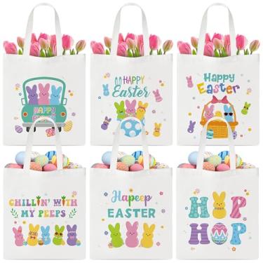 Imagem de Laffact Bolsas de presente de coelhinho da Páscoa – 6 peças grandes de lona com alças, Happy Easter Egg Bunny Chillin' with My Peeps Treat Handbags, Bolsa reutilizável de compras de supermercado para